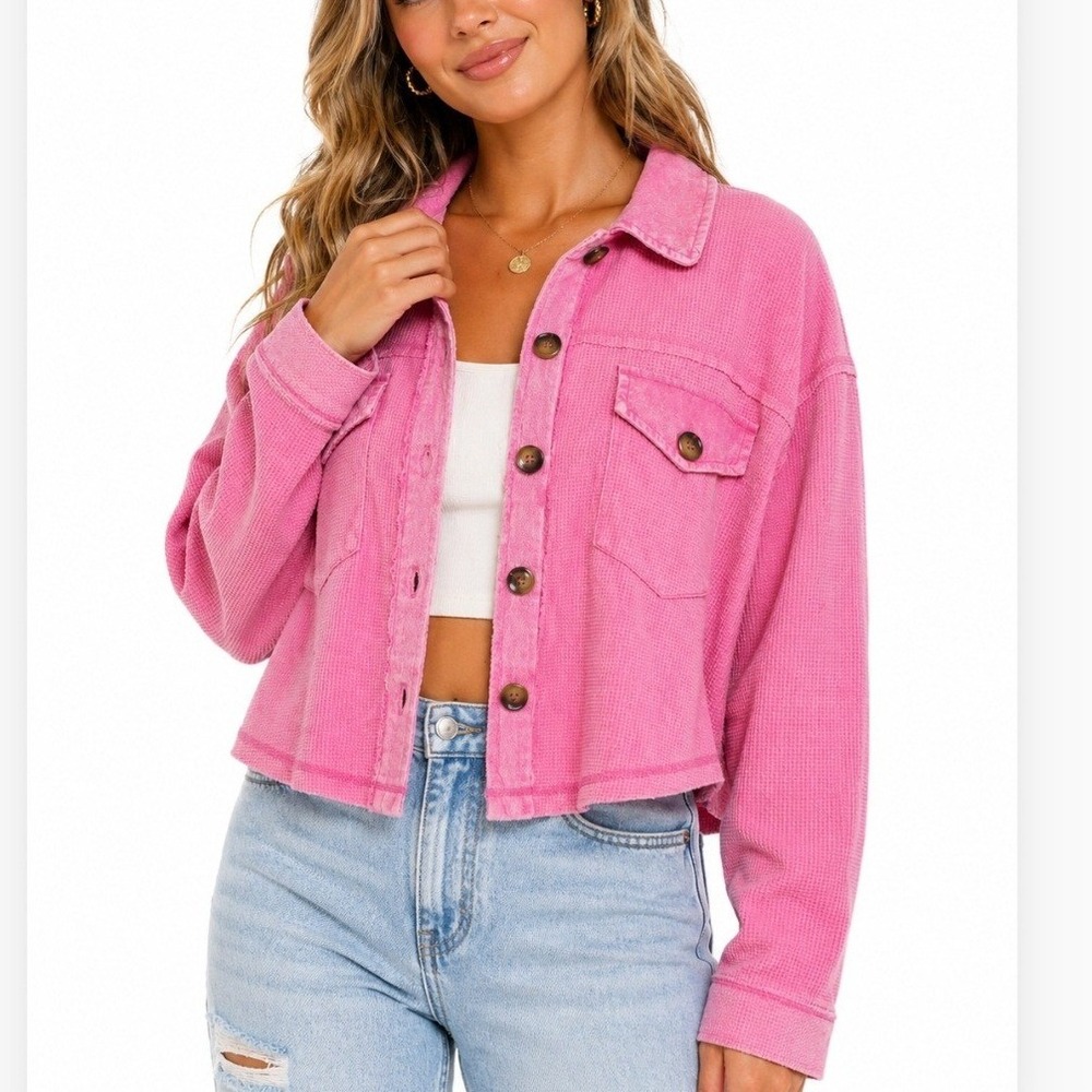 Pink Waffle Knit Medium Cropped Shacket Button Front Utility Jacket Top